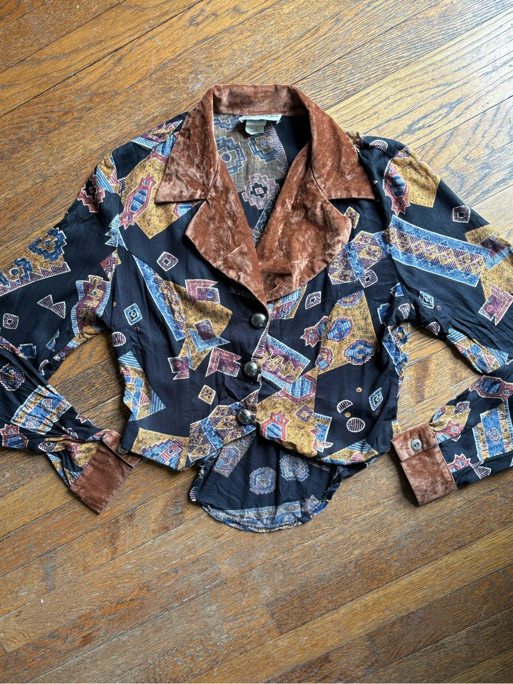 Vintage Banjo Southwestern Velvet Collar Blouse | Boho Western Button Down | M - Picture 2 of 7